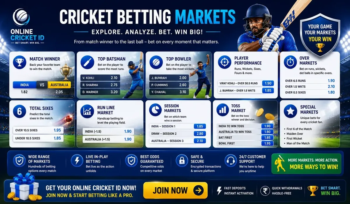Cricket betting markets: match winner, top batsman, top bowler, session, fancy, toss and player performance