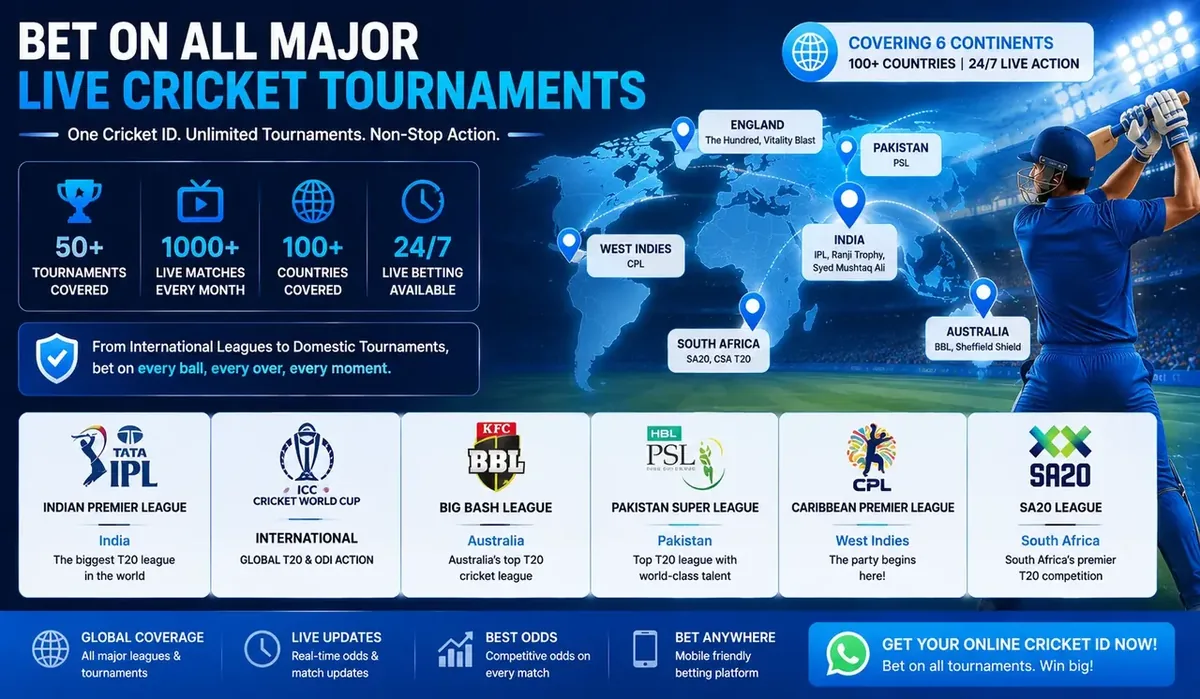 Live cricket tournaments map — IPL, ICC World Cup, BBL, PSL, CPL and SA20 across 100+ countries