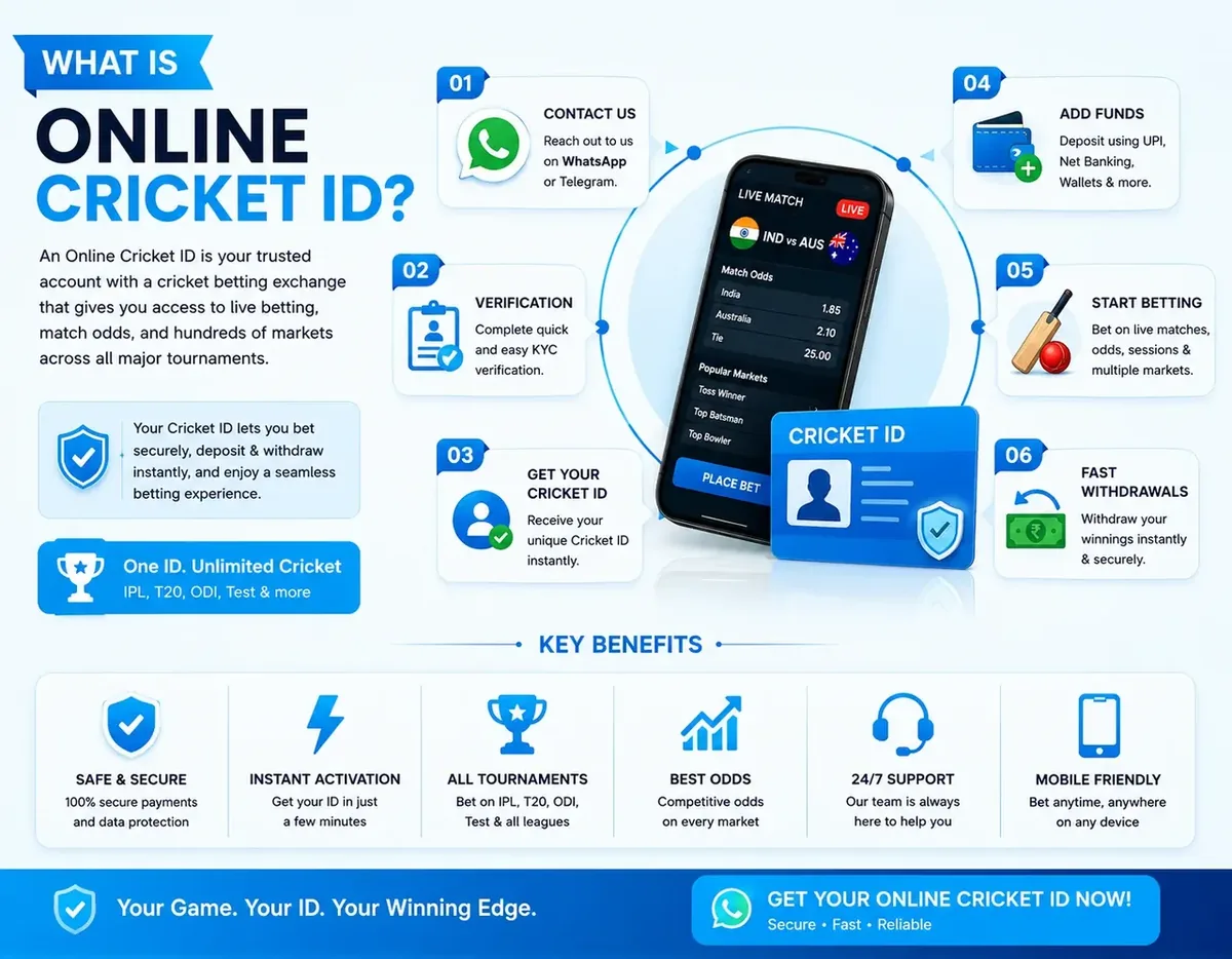 What is an Online Cricket ID infographic — contact, verification, get ID, add funds and start betting steps